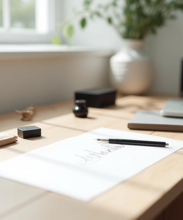 En ljus och minimalistisk nordisk arbetsplats med kalligrafiverktyg, bläck och papper prydligt arrangerade.
