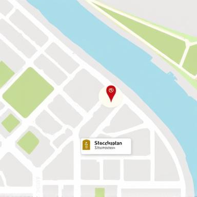 En stiliserad karta som visar Scribe Nordics kontorsläge på Sturegatan i Stockholm.