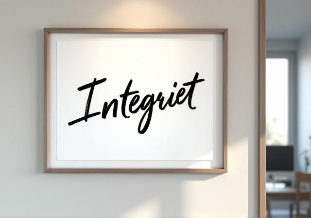 Ett inramat, handskrivet värdeord ('Integritet') som hänger på en kontorsvägg.