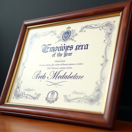 Ett elegant, inramat och handskrivet diplom för 'Årets Medarbetare'.