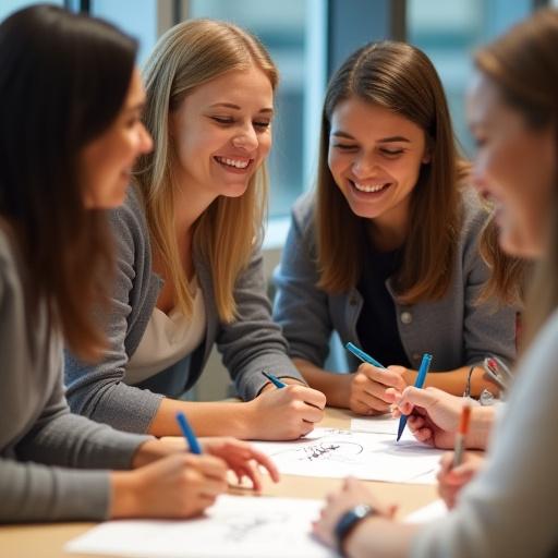 Leende kollegor som deltar i en kalligrafi-workshop tillsammans.